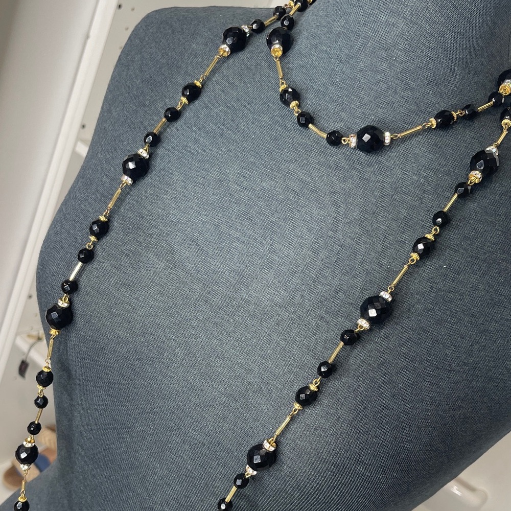 Rhinestone, Black and Gold Vintage Beaded Necklace